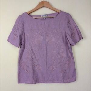 Neman Marcus‎ Embroidered Linen Blend Top Short Sleeve Light Purple Casual